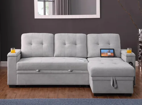 Vista 6 de Lilola Home Ashlyn II - Sofá modular reversible de tela tejida gris de 84 pulgadas con diván de almacenamiento, brazos de almacenamiento
