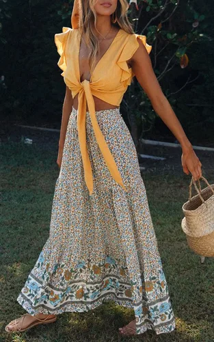 Vista 8 de ZESICA - Falda larga, estilo bohemio, estampado floral, acampanada, con cintura elástica y bolsillos