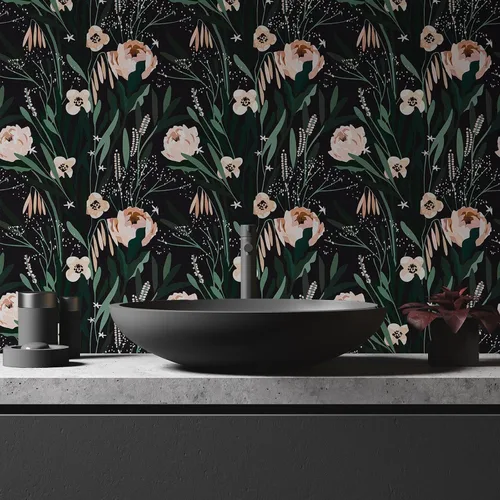 Vista 7 de VaryPaper Papel tapiz floral negro, verde y rosa, de 17.7 x 118 pulgadas, papel tapiz autoadhesivo de vinilo, papel de contacto floral decorativo
