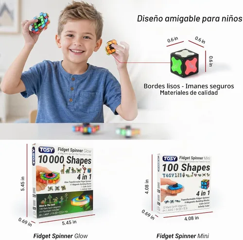Vista 9 de TOSY Spinner Fidget Magnético que Brilla - 16 Bloques, Juguete 3 en 1: Spinner Fidget Transformable, Cubo Infinito/Rompecabezas, Brillante, Rellenos