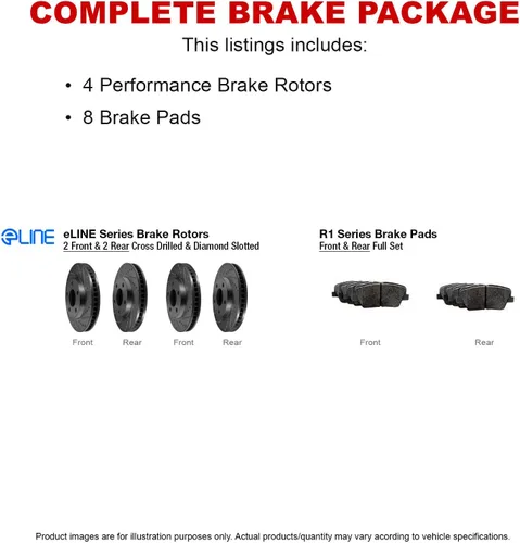 Vista 3 de R1 Concepts Kit de frenos delanteros y traseros para Jeep Grand Cherokee 1999-2004 Rotores de freno ranurados perforados Kit de pastillas