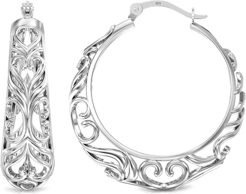 Vista 4 de LeCalla Aretes de aro gruesos de plata de ley 925 Aros de malla de filigrana con forma de corazón para mujer