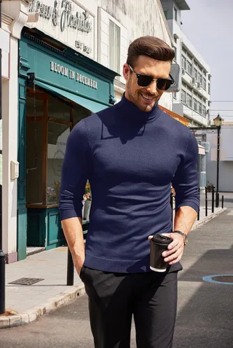 Vista 4 de COOFANDY Suéter de cuello alto ajustado para hombre, casual, básico, de manga larga, suéter de punto