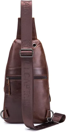 Vista 2 de Hebetag Mochila cruzada de cuero para hombres y mujeres, para viajes al aire libre, trabajo, bolsa para el pecho, camping, casual, mochila café, 7.1