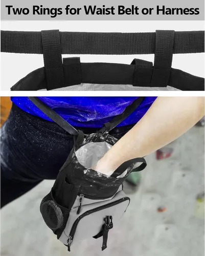 Vista 4 de PGmoon Bolsa de tiza grande para escalada en roca y boulder con forro de papel de aluminio, cierre magnético, múltiples bolsillos, 2 soportes