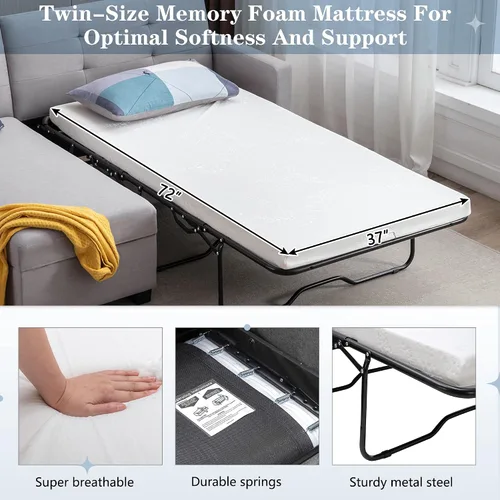 Vista 8 de LUMISOL Sofá cama modular de lino de tela en forma de L con diván de almacenamiento, 78.3 pulgadas de ancho, sofá cama pequeño convertible