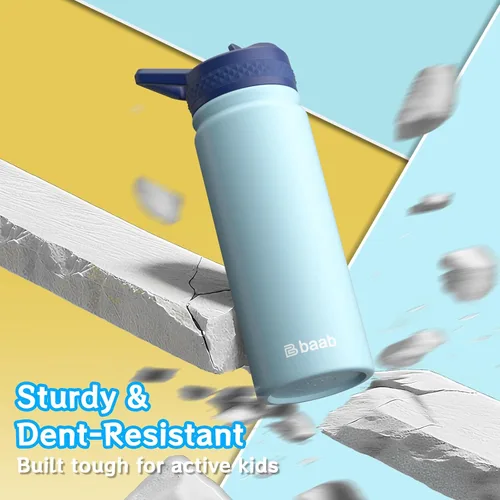 Vista 6 de baab Botella de agua para niños de 18 onzas, botella de agua aislada con popote y calcomanías, taza con popote de agua para niños de acero