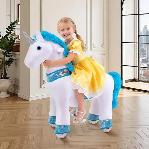Vista 2 de WondeRides Caballo de paseo en caballo, caballo mecánico de unicornio, caballo mecánico de 30.1 pulgadas de altura, caballo mecánico con ruedas