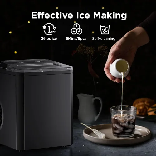Vista 2 de Máquina de hielo para encimera, 9 cubos listos en 6 minutos, 26 libras en 24 horas, máquina de hielo autolimpiante con cuchara de hielo y cesta, 2