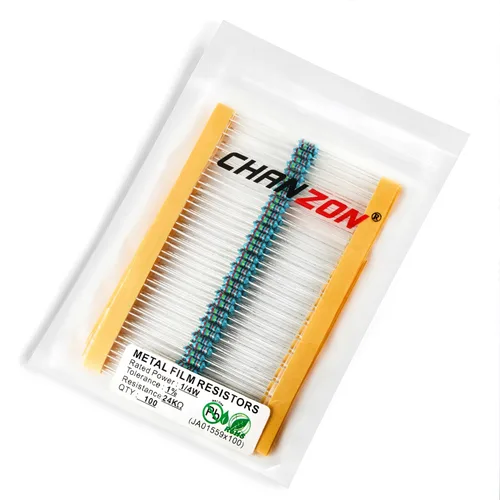Vista 30 de Chanzon 100 piezas 1 Ω ohm Resistencia 1/4 W (0.25 W) Resistencia fija de película metálica 0.01 ±1% Tolerancia 1R MF Resistencias de agujero