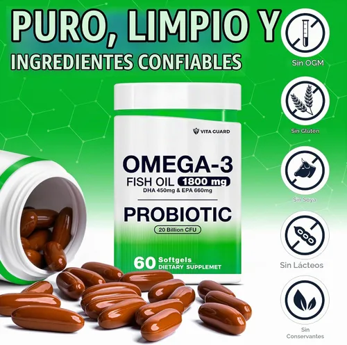 Vista 4 de Aceite de pescado omega-3 con probióticos – 1800 mg de aceite de pescado, 660 mg de EPA, 450 mg de DHA – Soporte para corazón, cerebro e intestinal