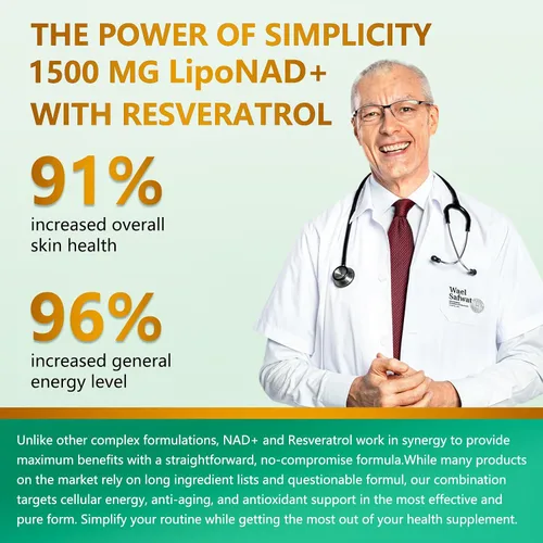 Vista 8 de Suplemento NAD 1500mg - NAD+ Liposomal Nicotinamida Ribósido con Resveratrol, NAD Plus Potenciador - Apoyo para la Salud Celular, Resistencia