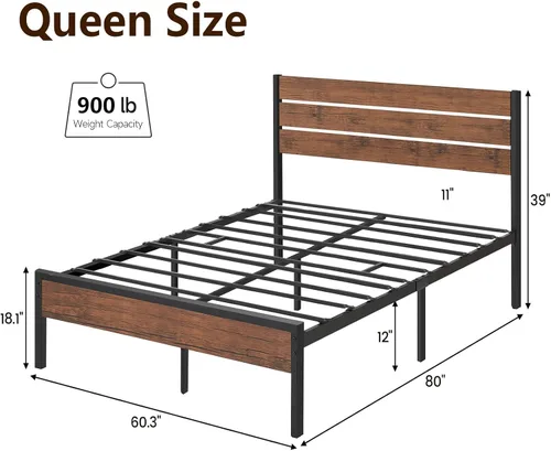 Vista 2 de Base de cama rústica tamaño Queen con cabecero, plataforma de metal, marco de cama de granja, listones de metal, marco de cama resistente