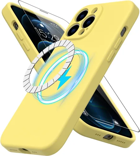 Vista 23 de DEENAKIN Funda magnética de silicona para iPhone 12 Pro con protector de pantalla, compatible con MagSafe, protección de cámara, funda protectora