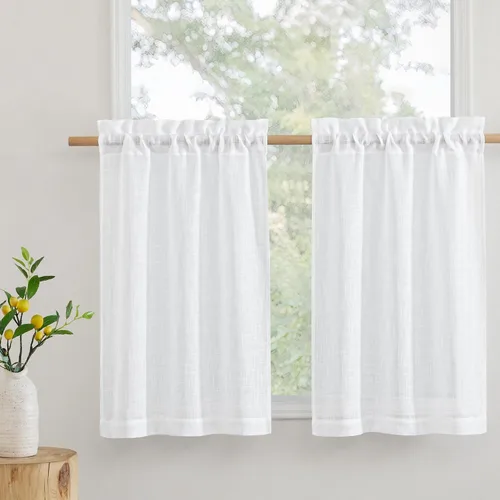 Vista 9 de RYB HOME - Cortinas de café de 24 pulgadas de largo, cortinas cortas de lino traslúcidas para ventana pequeña, cortina de media privacidad con Angora