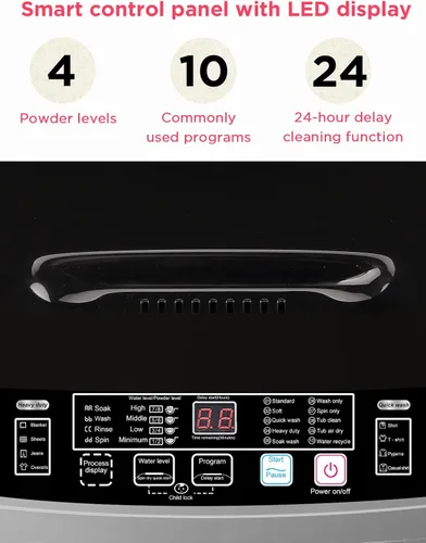 Vista 6 de KRIB BLING Lavadora completamente automática con pantalla LED, bomba de drenaje portátil de 17.7 libras, 10 programas y 8 niveles de agua Gris