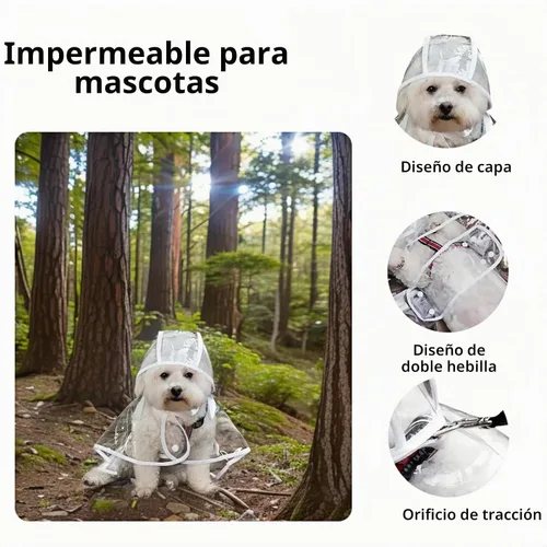 Vista 2 de Poncho de lluvia transparente para perros pequeños y medianos, impermeable pesado con agujero oculto para la correa y broches ajustables, capa
