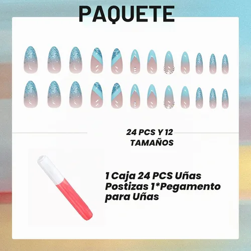 Vista 5 de IMSOHOT Uñas postizas a presión con forma de almendra, francesas, color azul medio, uñas postizas degradadas con purpurina con diseños de diamantes