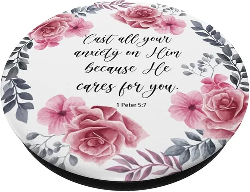 Vista 2 de 1 Peter 5 7 Rosa Azul Cristiano Biblia Versículo Cita para Mujeres PopSockets Swappable PopGrip