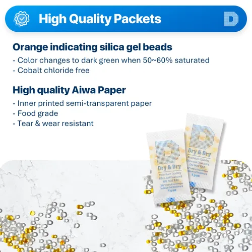 Vista 2 de Dry & Dry - Paquetes de gel de sílice naranja indicador de 1 gramo, deshumidificadores desecantes, paquetes de gel de sílice seguros para alimentos