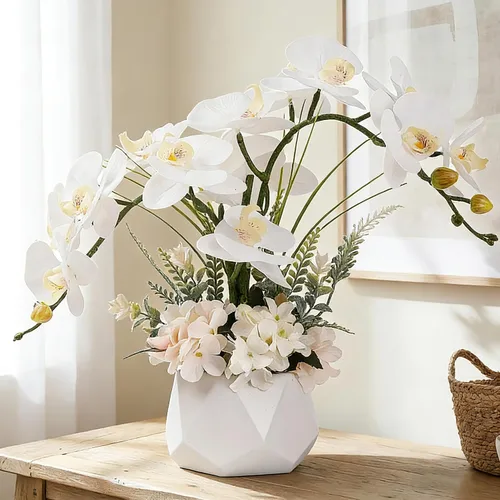 Vista 9 de LESING Artificial Potted Orchid Flower for Table Centerpieces,Real Touch White Fake Orchid Flowers in Vase for Home Decoration (Style 2,Black Vase)