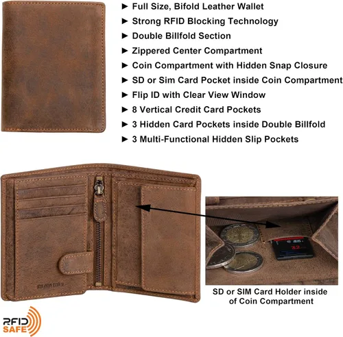 Vista 5 de Billetera de cuero para hombre con cierre de moneda con cierre RFID, Bugatti Bronceado, Cartera de cuero para hombre de tamaño completo