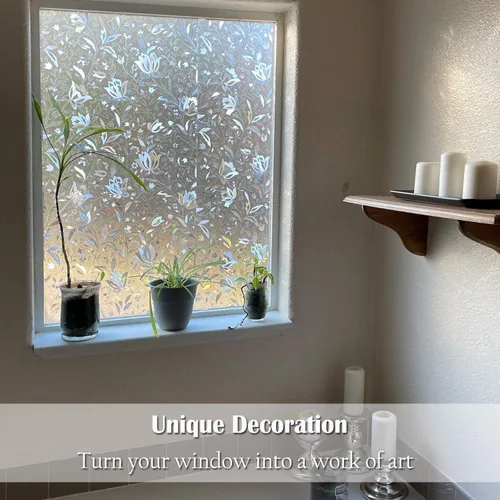 Vista 8 de Bloss Película decorativa de privacidad para ventana, diseño floral, no adhesiva, bloqueo de calor, película de vidrio para baño, hogar, cocina