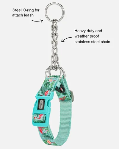 Vista 4 de Martingale - Collar para perro con cadena de acero y hebilla de liberación rápida, ajustable, floral, sin tirones, collares de entrenamiento Flamenco