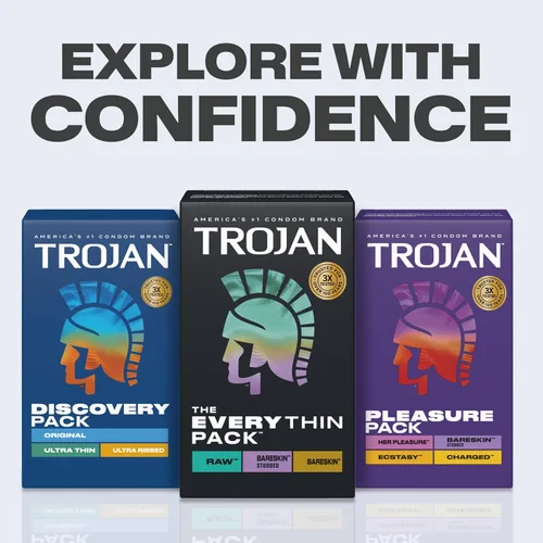 Vista 7 de Trojan Bareskin - Preservativos finos, paquete variado Everythin, condón de látex lubricado, 10