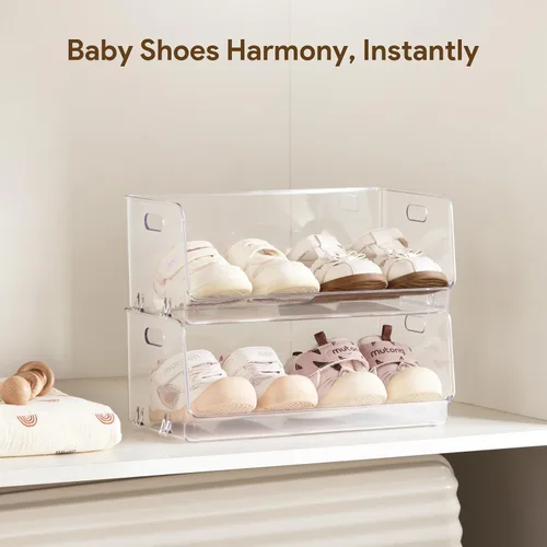 Vista 3 de HBlife Zapatero de acrílico transparente para niños, organizador de almacenamiento de zapatos para bebé, piso, entrada, dormitorio, 2 niveles