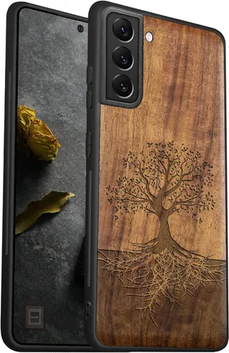 Vista 10 de Carveit Funda de madera para Galaxy S22 [madera real dura y TPU suave] a prueba de golpes, funda protectora híbrida única y elegante, diseño