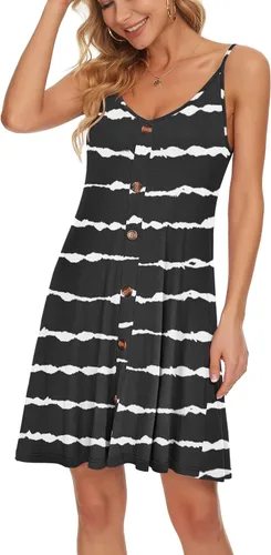 Vista 2 de MISFAY Vestido de verano para mujer, con tirantes delgados, botones, cuello en V, sin mangas, informal, salida de baño para playa, con bolsillos