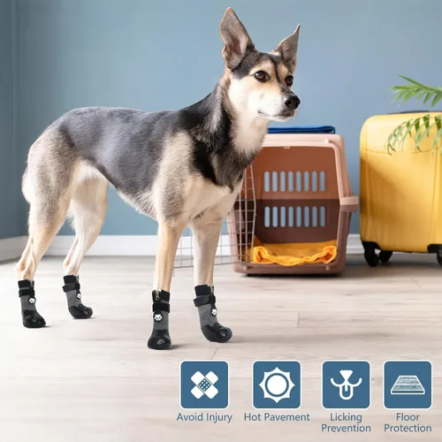 Vista 7 de Botas para perro, calcetines impermeables para pavimento caliente, botines antideslizantes para perros, protectores de patas para suelos de madera
