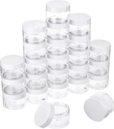 Vista 8 de SATINIOR 24 frascos de plástico transparente vacíos con tapas, recipientes de almacenamiento redondos de boca ancha para productos de belleza