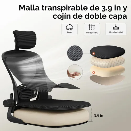Vista 6 de DEVAISE Silla de Oficina de Respaldo Alto de Malla Ergonómica para Escritorio con Reposabrazos Abatibles, Reposacabezas Ajustable y Soporte Lumbar