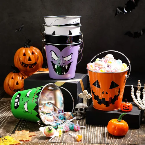 Vista 5 de Tioncy 6 cubos de calabaza de Halloween a granel de metal para trucos o golosinas, cubo de recuerdos de fiesta con asa, cubo pequeño de calabaza