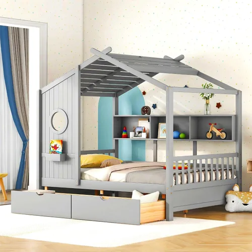 Vista 11 de Cama de casa con tienda y estantería, 2 cajones, carga USB Espresso-tt
