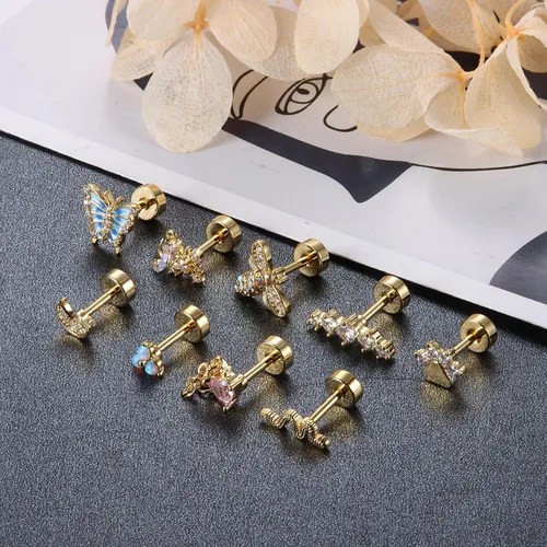 Vista 6 de FUNRUN JEWELRY 9 aretes de cartílago de 16G para mujer, acero inoxidable 316L, parte trasera plana, circonita cúbica, mariposa, flor, cartílago