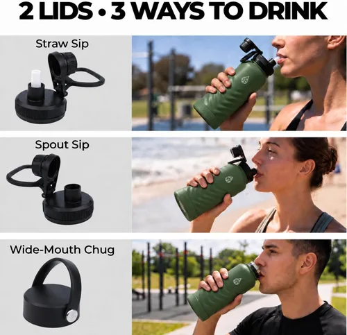 Vista 2 de Botella de agua aislada de acero inoxidable de 24 onzas con tapa de popote Verde