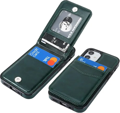 Vista 14 de KIHUWEY - Funda tipo cartera para iPhone 12 Mini, soporte para tarjetas, color negro Ranuras para tarjetas de crédito, piel sintética, cierre