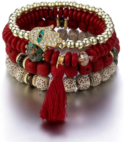 Vista 4 de Caiyao Juego de pulseras apilables de múltiples capas con cuentas de mal de ojo bohemio, multicolor, boho, con dije de semillas de Hamsa Fátima a