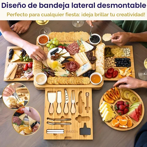 Vista 2 de Juego de tablas de charcutería – Tabla grande de queso de bambú y plato con accesorios de charcutería, regalos de inauguración de la casa
