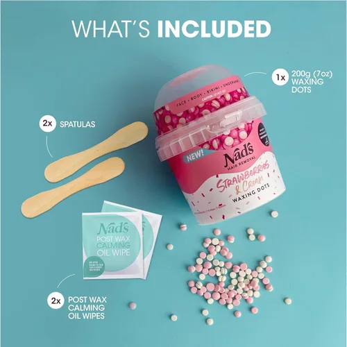 Vista 4 de Nad's Waxing Dots - Cuentas de cera dura de fresas y crema, fórmula sin tiras para microondas para mujeres