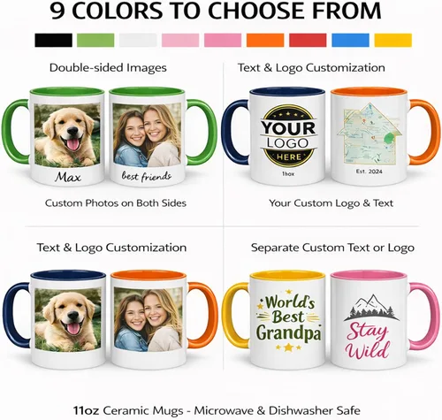 Vista 6 de Taza de café personalizada de 11 onzas de cerámica – Agregue foto, texto o logotipo Taza con imagen personalizada, impresión a doble cara, apta