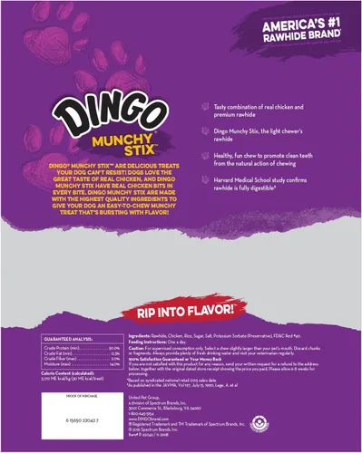 Vista 2 de Dingo Munchy Stix Golosinas para perros de cuero crudo hechas con pollo real, 50