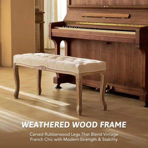 Vista 4 de VONLUCE Banco de comedor vintage con asiento acolchado y patas de madera de goma, banco tapizado de entrada de 44 pulgadas con espuma viscoelástica