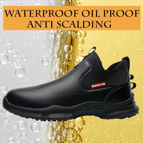 Vista 3 de PJZHJ Zapatos de trabajo antideslizantes resistentes al agua y al aceite, zapatos de servicio de alimentos, cómodos zapatos de chef sin cordones