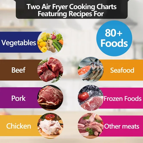 Vista 5 de Tabla magnética de tiempos de cocción para freidora de aire - Juego de 2 hojas magnéticas para más de 80 alimentos, guía rectangular de cocción