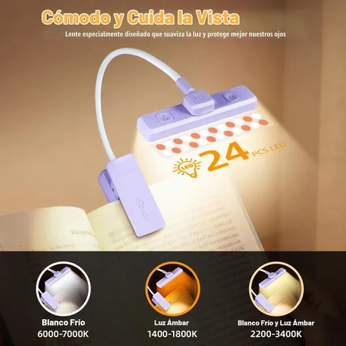 Vista 3 de VAVOFO Luz de Libro Recargable Giratoria: 24 LEDs Luz de Lectura, 3 Colores y 9 Niveles de Brillo Lámpara de Libro, Cuidado de Ojos 120 Horas