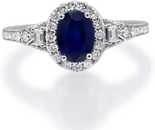 Vista 4 de Gin & Grace Anillo de zafiro azul genuino de oro blanco de 14 quilates con diamantes para mujer. Joyas hechas a mano de zafiro con forma de óvalo
